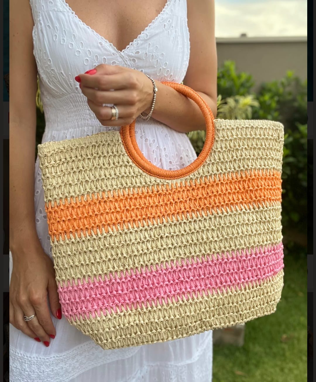 ab91b596-7df5-484a-9004-fb26b947f56a Bolsa Creme Laranja e Rosa - Imagem 1